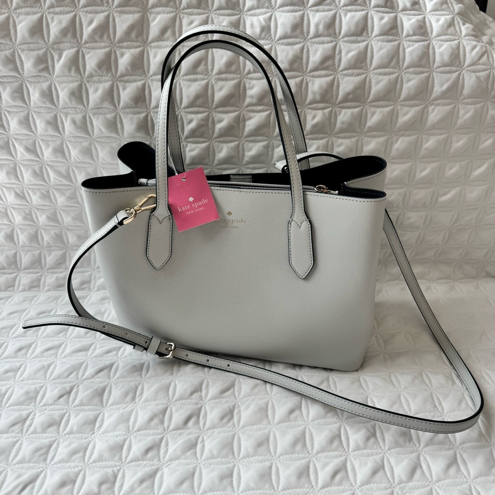 NWT Kate Spade Harper Satchel Bag in Moonlight Gray Leather Navy Interior. - Picture 2 of 16